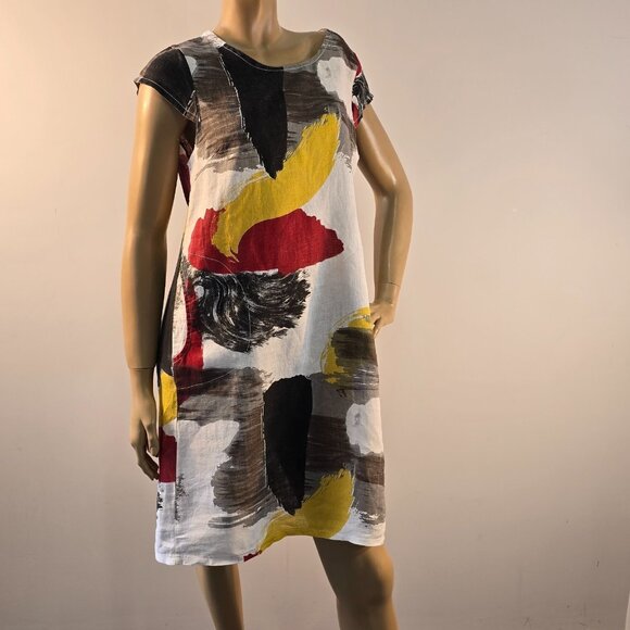 Terzo Millennio Italy Abstract Print Linen Shift Dress Size M Cap Sleeve Pockets - Picture 9 of 13
